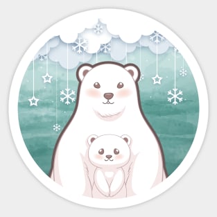 Cute cub polar bear and mum character design with snowflake background. Vector illustration Sticker